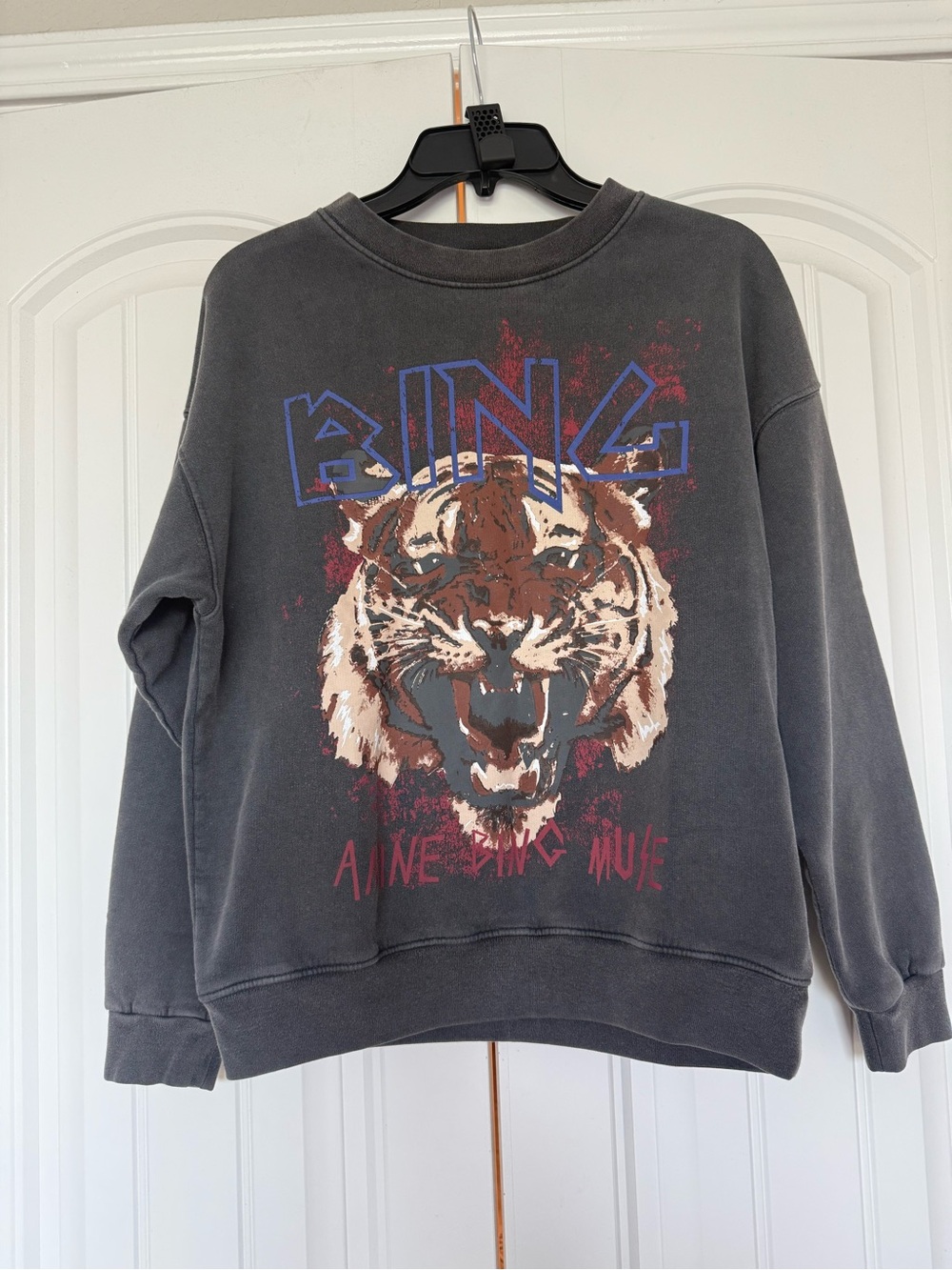 Anine Bing Charcoal Tiger Graphic Crew Sweatshirt with Blue Logo